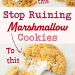 flat marshmallow cookies and perfect marshmallow pull on cookie, text overlay