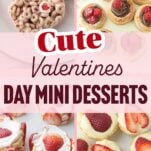 strawberry cereal treats, raspberry chocolate tarts, strawberry mini cakes, strawberry mini tarts, text overlay