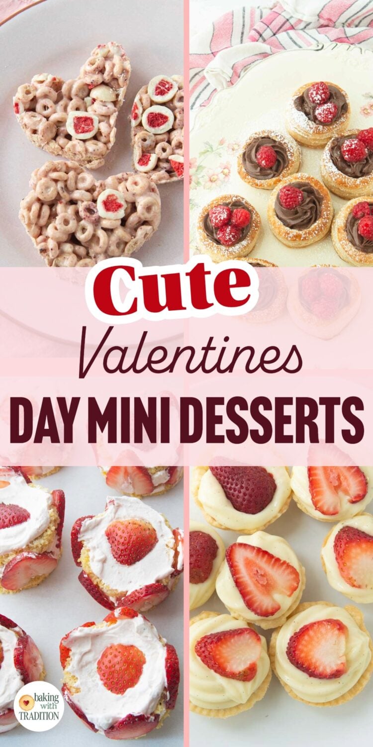 strawberry cereal treats, raspberry chocolate tarts, strawberry mini cakes, strawberry mini tarts, text overlay