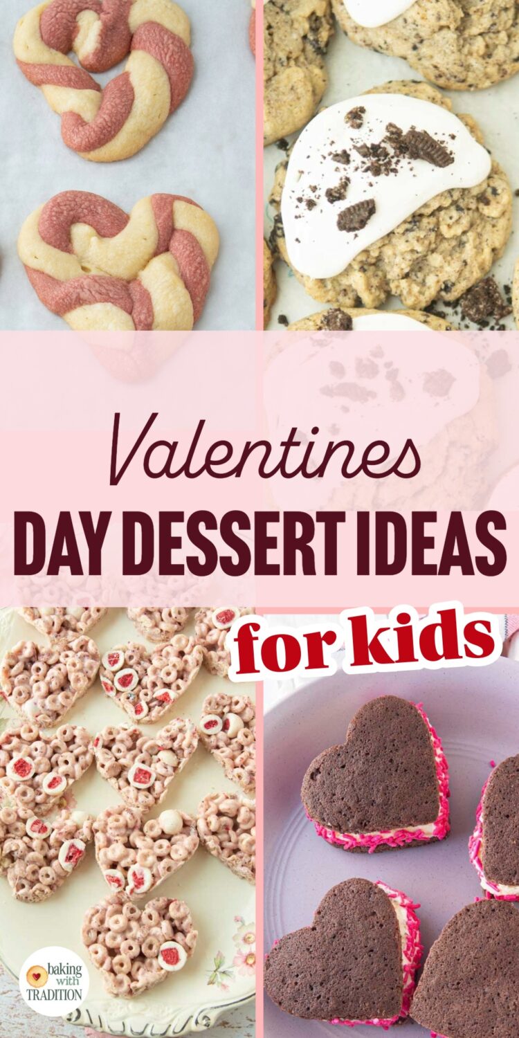 strawberry cereal treats, heart ice cream sandwiches, vanilla strawberry heart cookies, cookies and cream cookies, text overlay