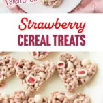 strawberry cereal treat hearts on plate, closeup of strawberry cereal treats, text overlay