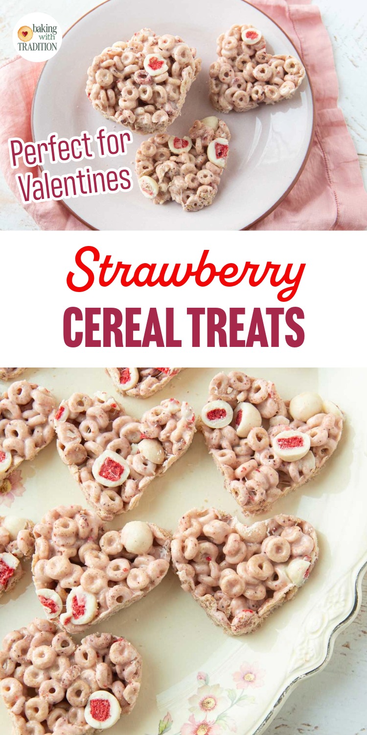 strawberry cereal treat hearts on plate, closeup of strawberry cereal treats, text overlay