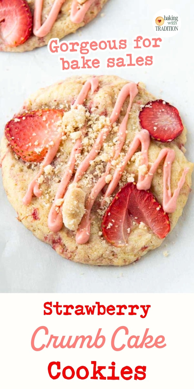 close up of strawberry crumb cake cookie, text overlay
