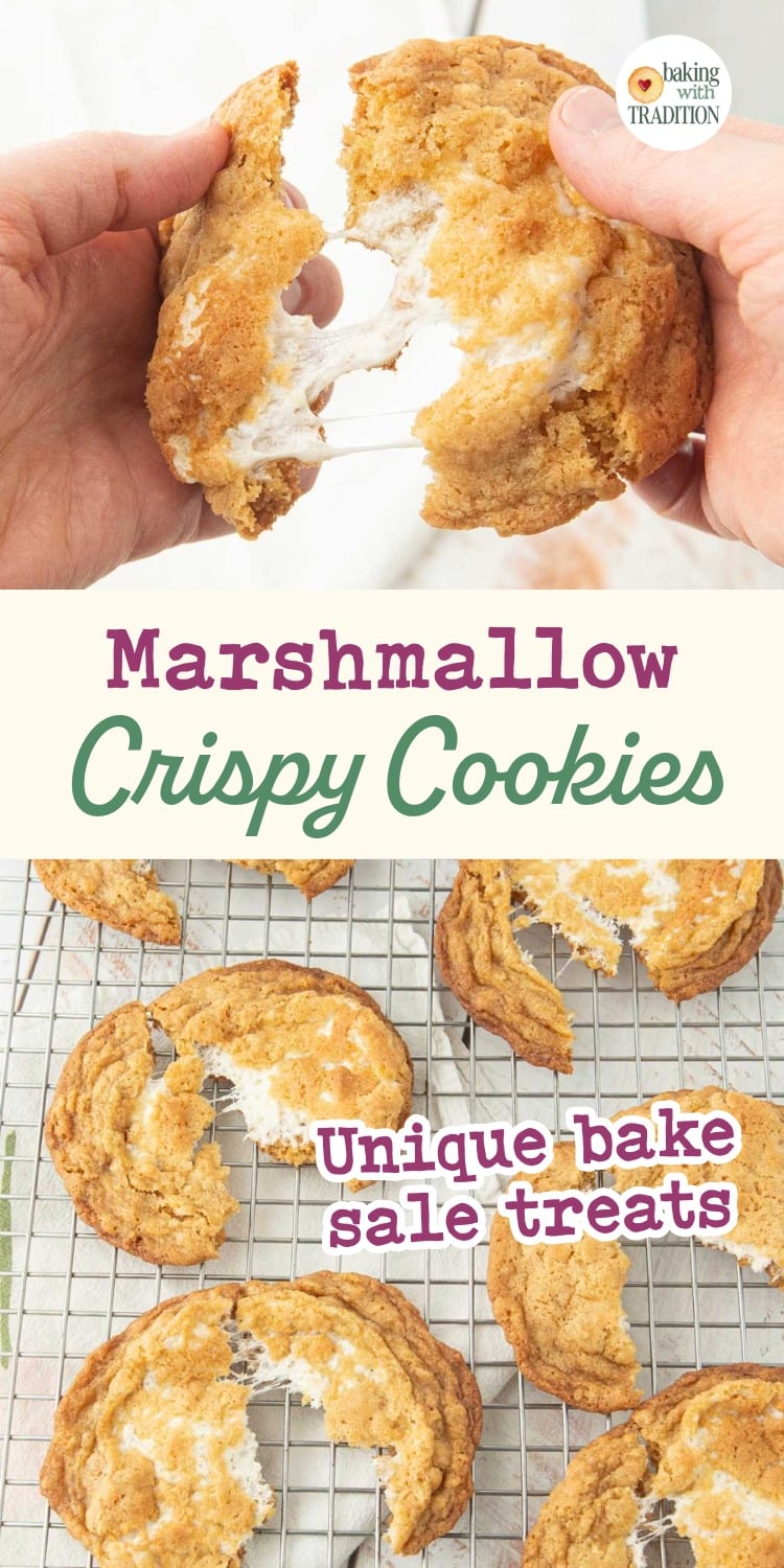 hands pulling apart marshmallow crispy cookie, pulled apart marshmallow cookies, revealing marshmallow center, text overlay