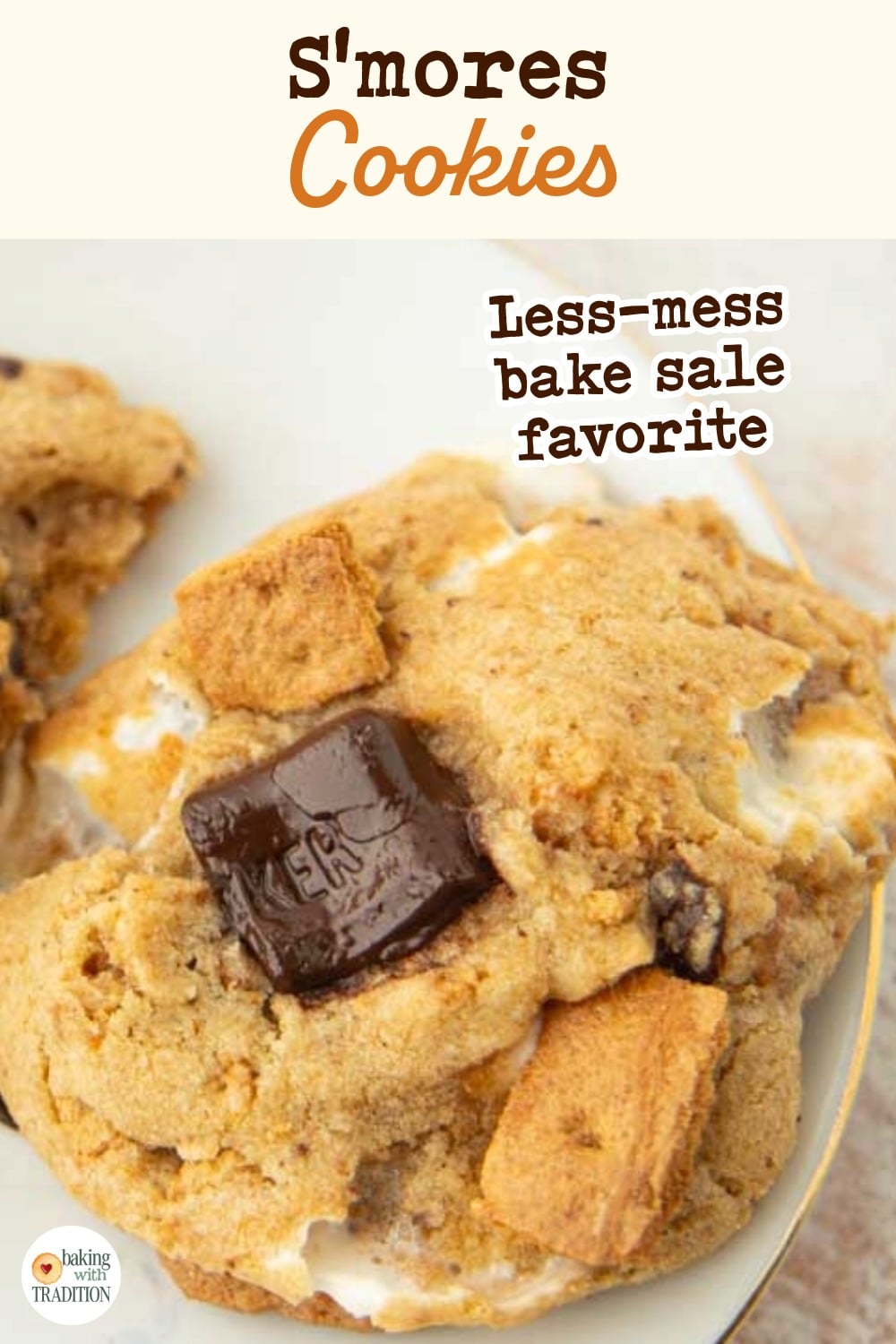 closeup of Smore's cookie, text overlay