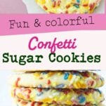 stack of confetti sugar cookies, single confetti cookie, text overlay