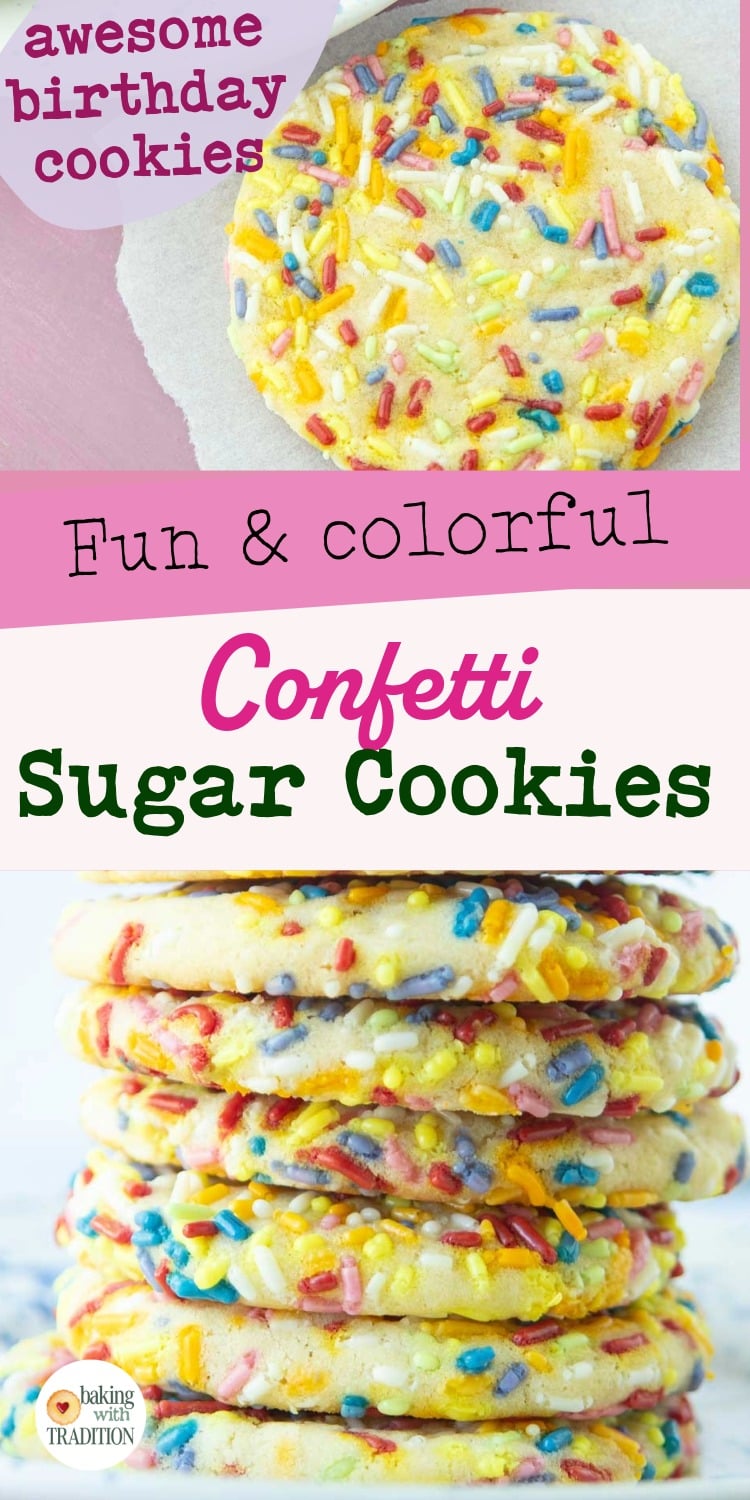 stack of confetti sugar cookies, single confetti cookie, text overlay