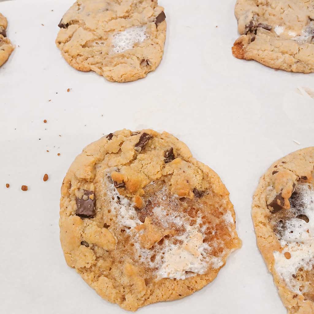 frozen marshmallows baked into s'mores cookies