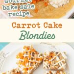 adding mix-ins to carrot cake blondies batter, stack of carrot cake blondies, text overlay