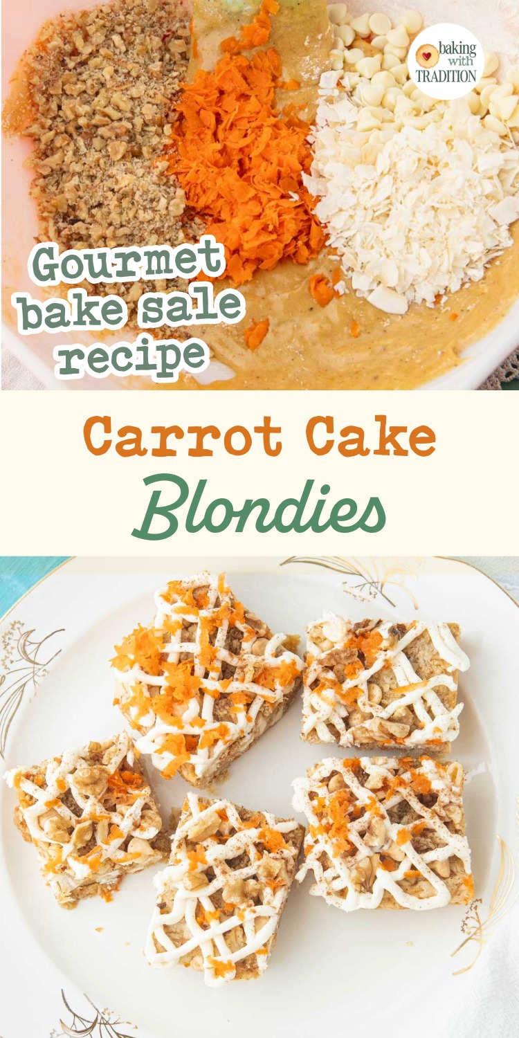 adding mix-ins to carrot cake blondies batter, stack of carrot cake blondies, text overlay