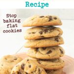 stack of chocolate chip cookies, one showing gooey inside, text overlay