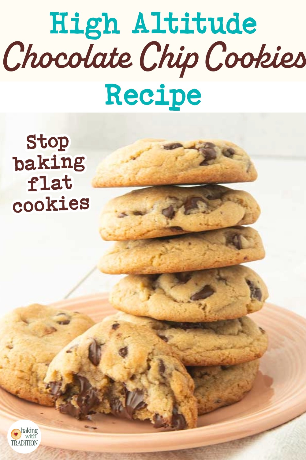 stack of chocolate chip cookies, one showing gooey inside, text overlay