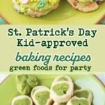 lucky charms cookies on plate, shamrock cookies on plate, text overlay