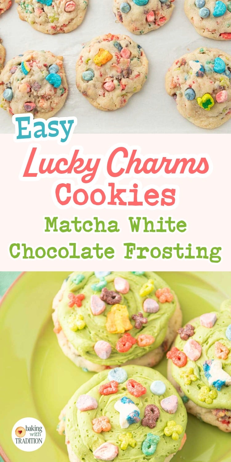 baked lucky charms cookies on tray, lucky charms cookies with matcha white chocolate frosting, text overlay