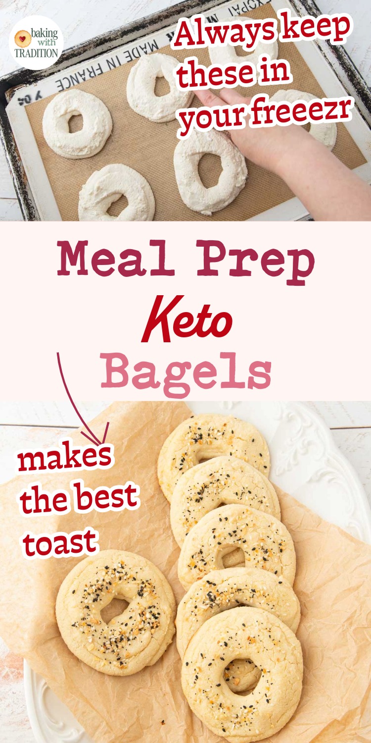 keto bagels on pan before baking, flat stack of keto bagels, text overlay