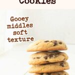 Stack and cross section of high altitude chocolate chip cookies, text overlay