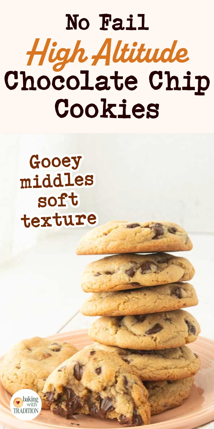 Stack and cross section of high altitude chocolate chip cookies, text overlay