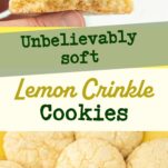 closeup of texture of lemon crinkle cookies, lemon crinkle cookies on plate, text overlay