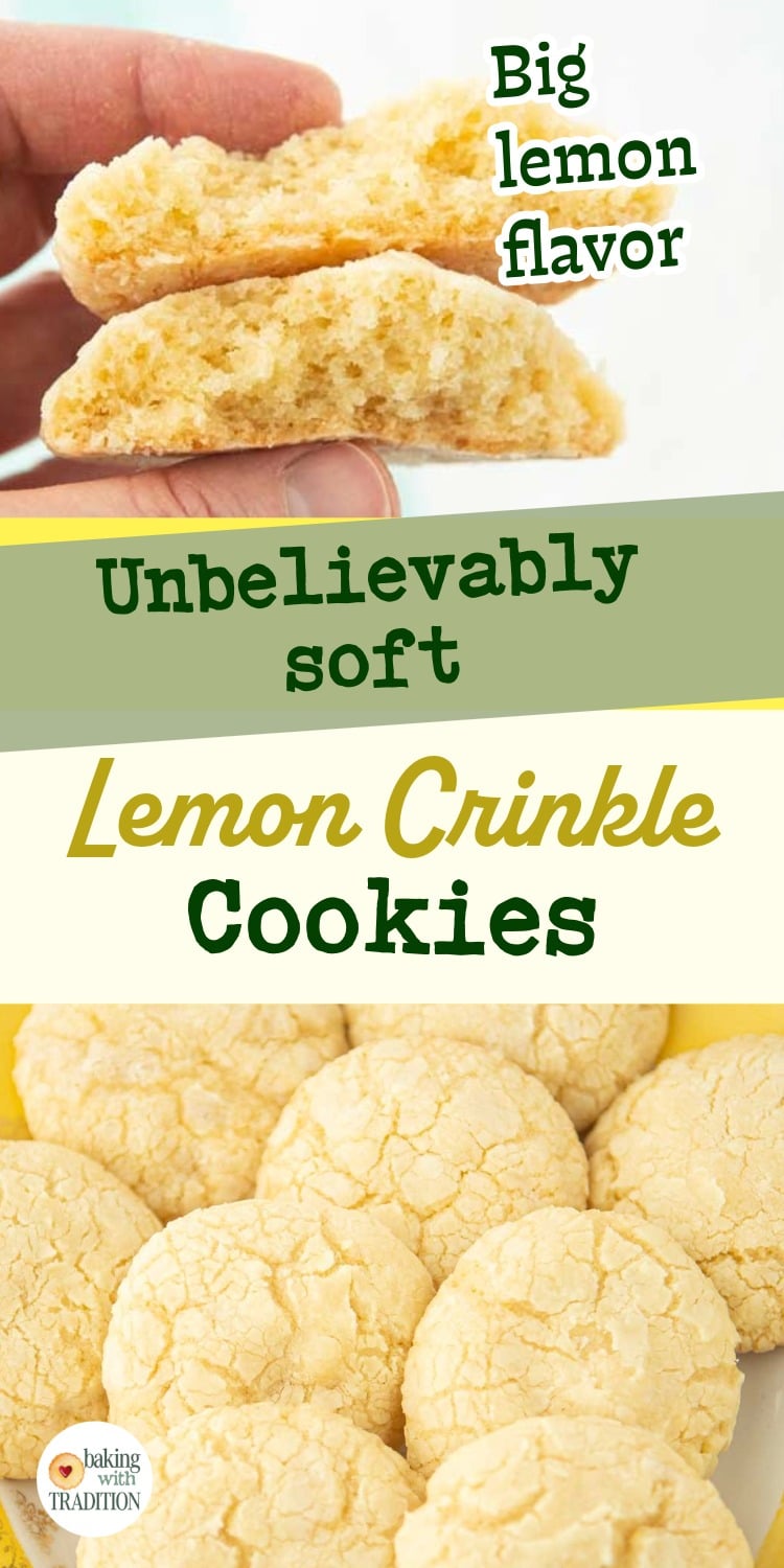 closeup of texture of lemon crinkle cookies, lemon crinkle cookies on plate, text overlay