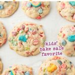 closeup of lucky charms cookies, text overlay