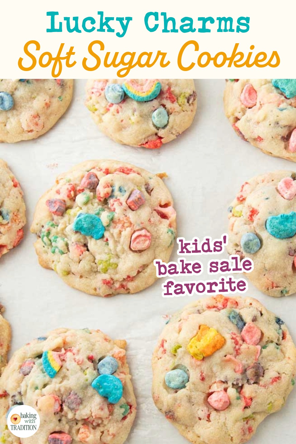 closeup of lucky charms cookies, text overlay
