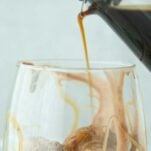 pouring coffee over ice cream, text overlay