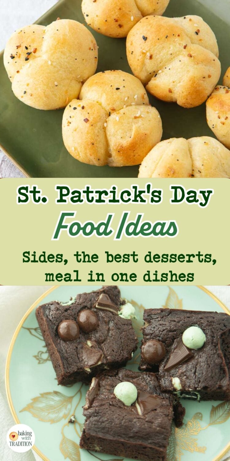 cloverleaf rolls on plate, mint brownies on plate, text overlay