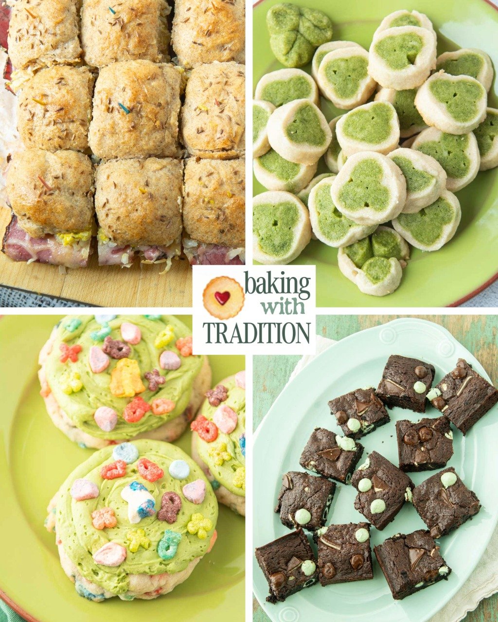 rye pan buns, shamrock shortbread cookies, lucky charms cookies, mint brownies