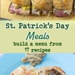 reuben sliders on board, cabbage burger on plate, text overlay