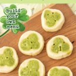 shamrock cookies on plate, text overlay