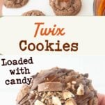 spooning caramel on cookies, closeup of hand holding twix cookie, text overlay