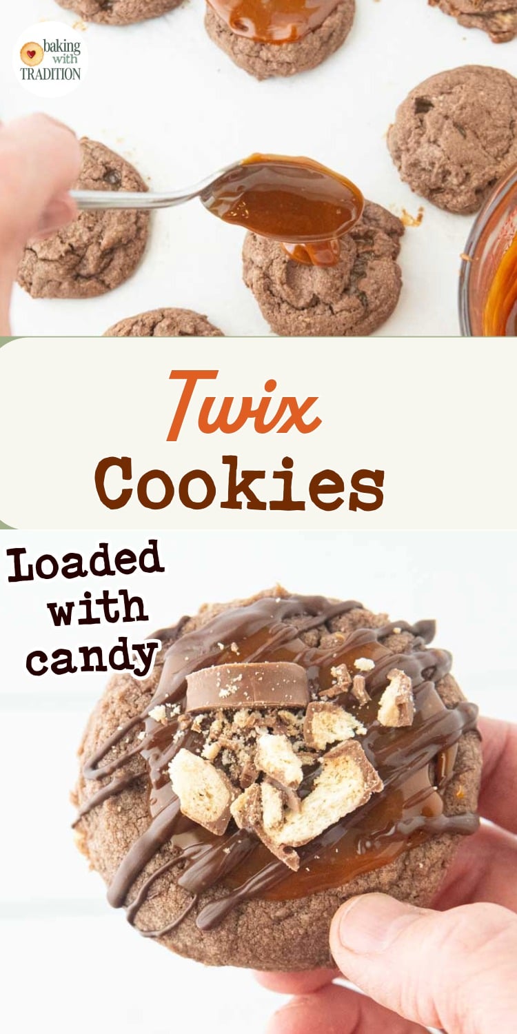 spooning caramel on cookies, closeup of hand holding twix cookie, text overlay