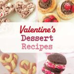 vanilla heart twist cookies, chocolate heart ice cream sandwiches, raspberry chocolate tarts, strawberry cereal treats, text overlay