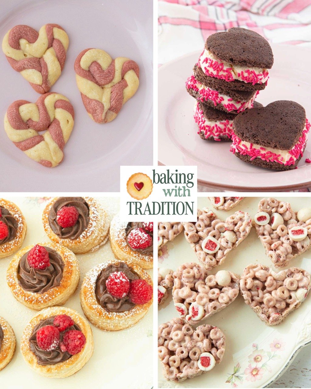 vanilla heart twist cookies, chocolate heart ice cream sandwiches, raspberry chocolate tarts, strawberry cereal treats
