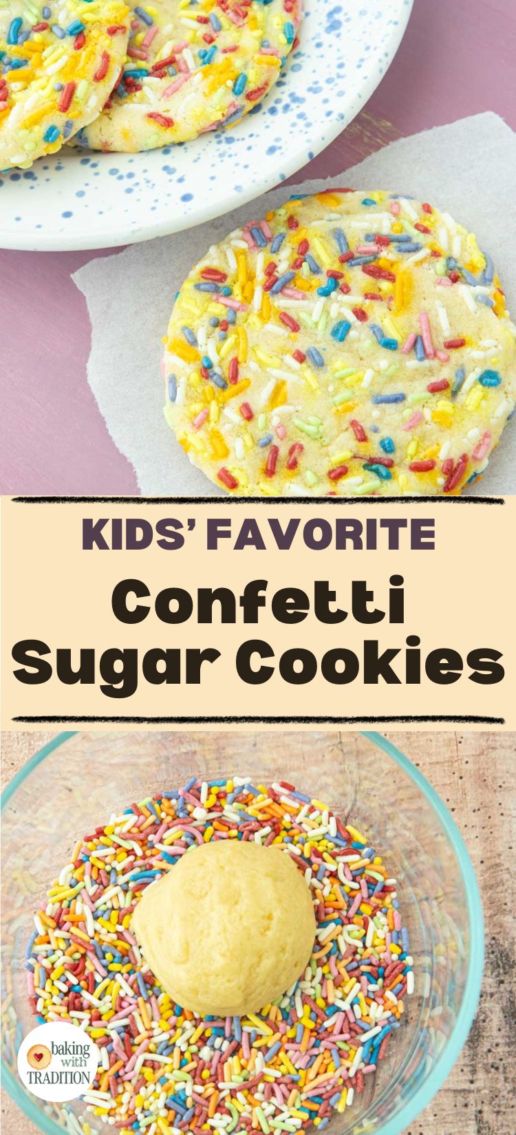 rolling sugar cookie dough in sprinkles, closeup of confetti sugar cookie on paper on purple background next to plate of confetti cookies out of frame, text overlay