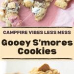 plate of s'mores cookies, pulled apart to show gooey marshmallow, stack of s'mores cookies on plate, showing chunks of graham cracker and chocolate, text overlay