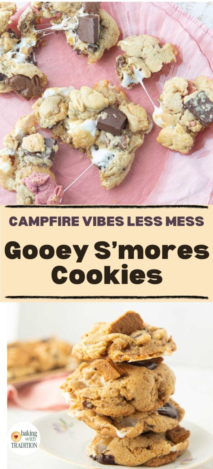 plate of s'mores cookies, pulled apart to show gooey marshmallow, stack of s'mores cookies on plate, showing chunks of graham cracker and chocolate, text overlay