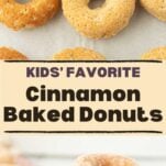 cinnamon donuts on tray after baking, plate of cinnamon sugar donuts stacked, text overlay