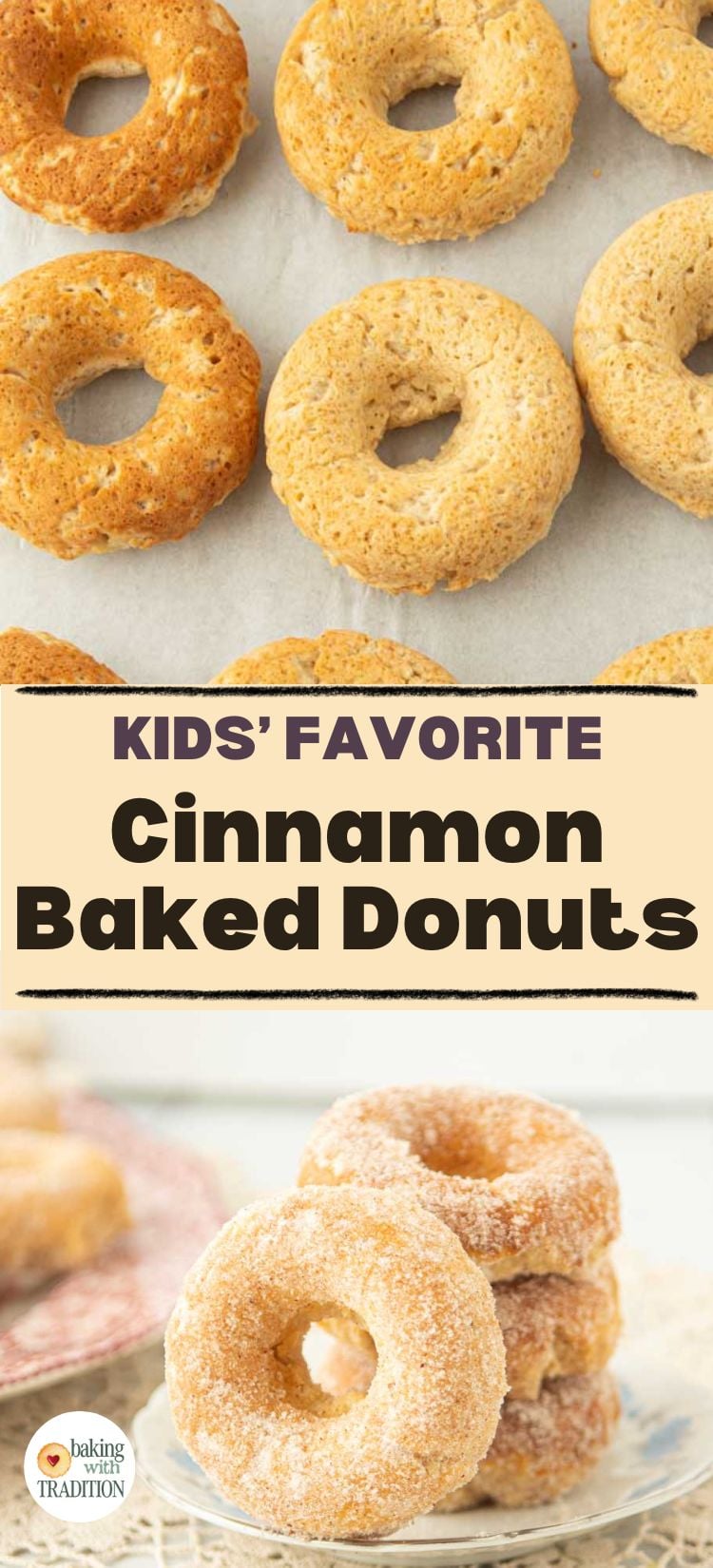 cinnamon donuts on tray after baking, plate of cinnamon sugar donuts stacked, text overlay