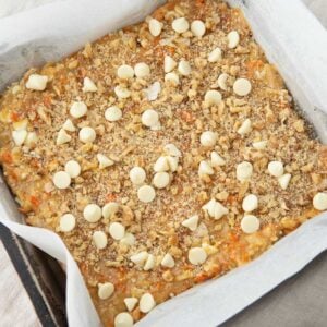 adding white chocolate chips to top of blondies