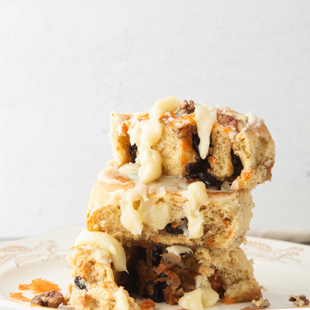 stack of carrot cake cinnamon rolls