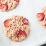 strawberry shortcake cookies on cookie sheet