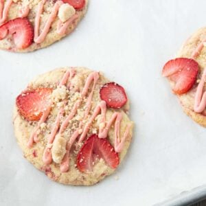 strawberry shortcake cookies on cookie sheet
