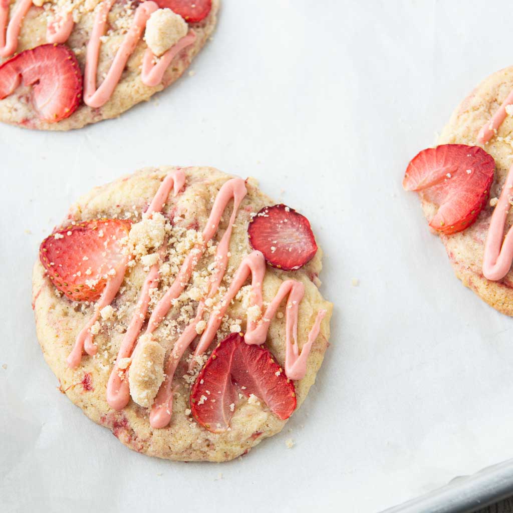 strawberry shortcake cookies on cookie sheet
