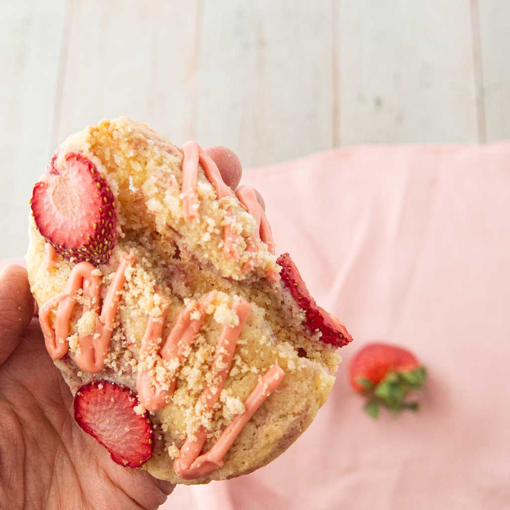 hand holding broken strawberry shortcake cookie