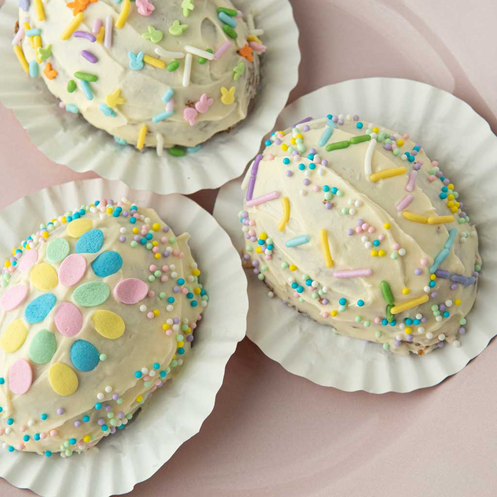 decorated mini Easter egg cakes on plate