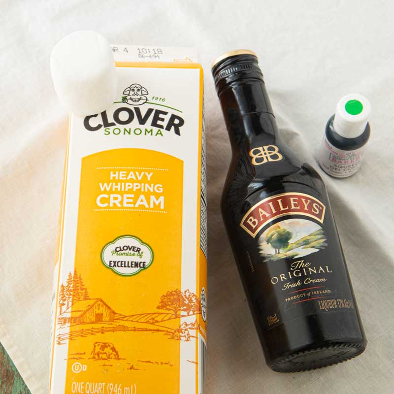 whipped cream, marshmallow, bailey's, green food coloring