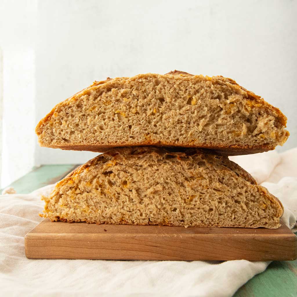 beer cheese bread cross section halves stacked on top of each other