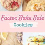 strawberry crumb cake cookies, carrot cake cookies, confetti sugar cookies, lemon blueberry cookies, text overlay