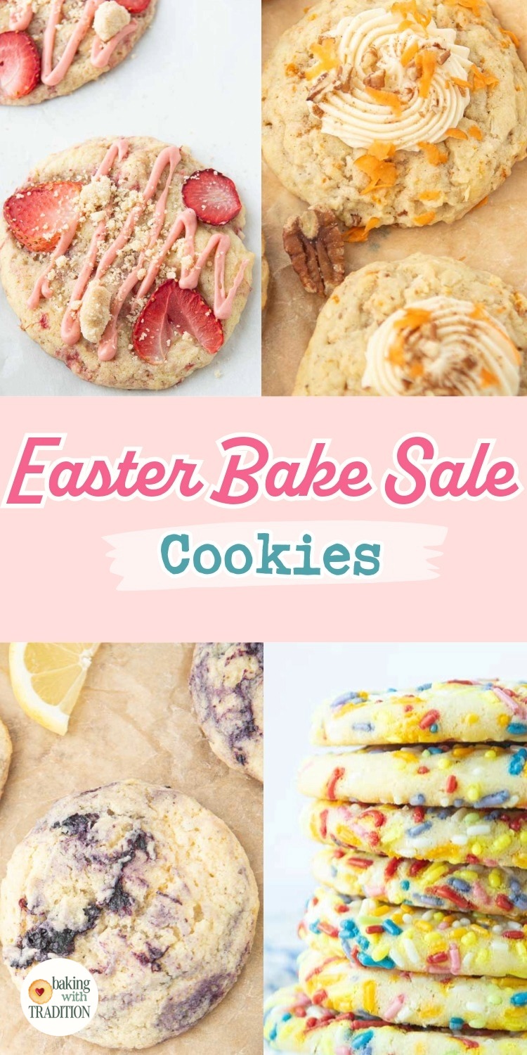 strawberry crumb cake cookies, carrot cake cookies, confetti sugar cookies, lemon blueberry cookies, text overlay